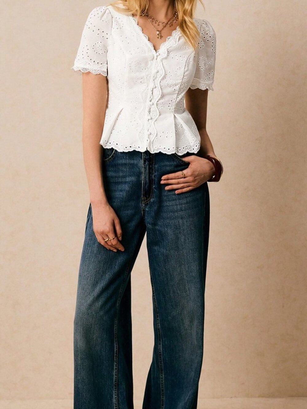 White Casual Women's Contrast Lace Mesh Embroidery Ruffle Button Down Shirt - Picture 3 of 7